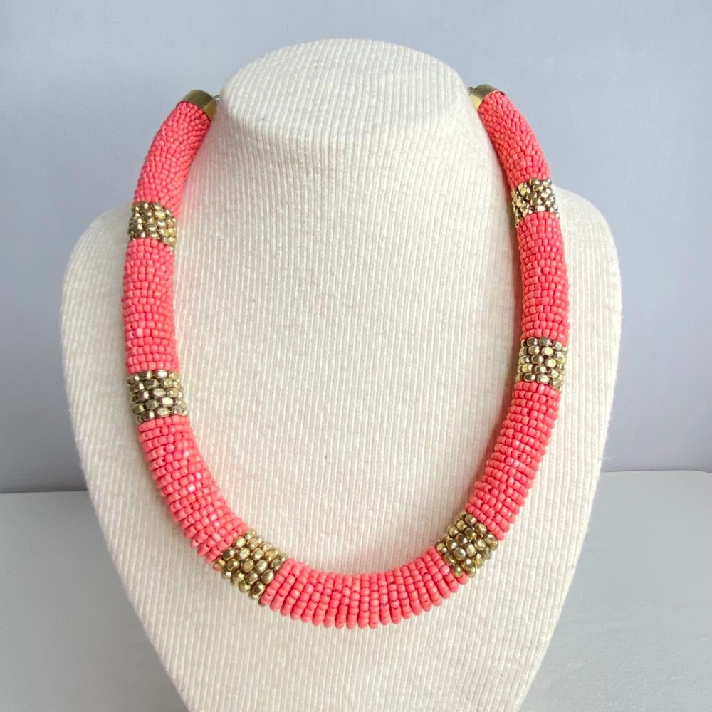 💎Chunky Coral Gold Tone Seed Bead Spring Necklace Boho Colorful